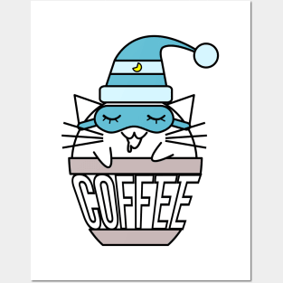 Cat in coffee cup with warped text sleeping blue Posters and Art